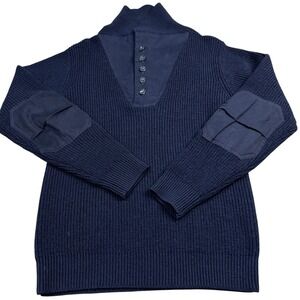 Schott Henley Sweater Mens M Blue 100% Wool Pullover Button Elbow Patches Slim